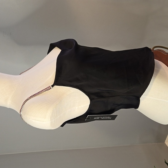 Rachel Zoe Black Satin Pink Rhinestone Strap Cropped Drape Front Cami Tank Sz M - Picture 2 of 11